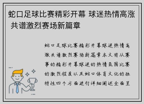 蛇口足球比赛精彩开幕 球迷热情高涨 共谱激烈赛场新篇章