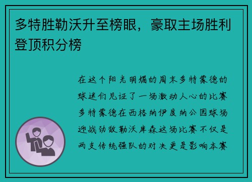 多特胜勒沃升至榜眼，豪取主场胜利登顶积分榜