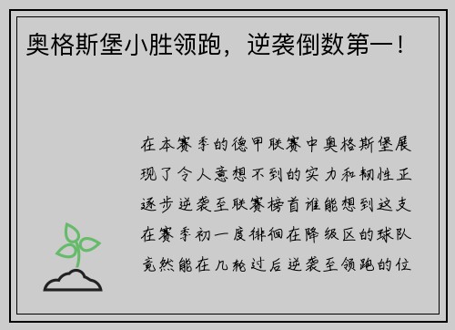 奥格斯堡小胜领跑，逆袭倒数第一！