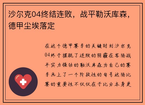 沙尔克04终结连败，战平勒沃库森，德甲尘埃落定