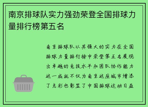 南京排球队实力强劲荣登全国排球力量排行榜第五名