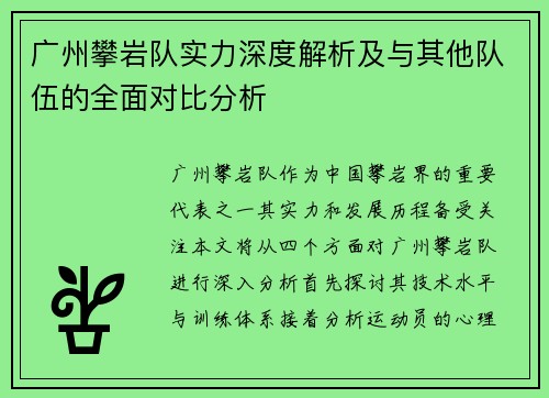 广州攀岩队实力深度解析及与其他队伍的全面对比分析