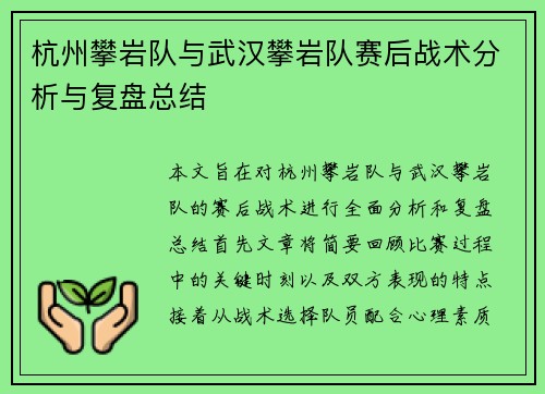 杭州攀岩队与武汉攀岩队赛后战术分析与复盘总结